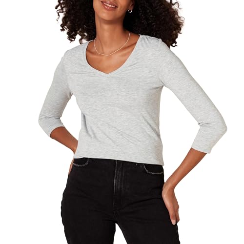Amazon Essentials Women's Classic-Fit 3/4 Sleeve V-Neck T-Shirt (Available in Plus Size), Light Grey Heather, Large