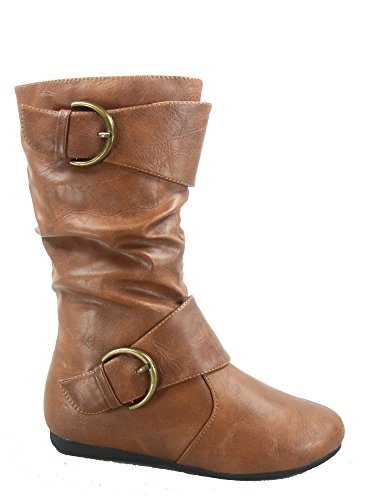 Link Klein-80K Girl's Kid's Cute Faux Leather Two Buckle Zipper Flat Heel Mid Calf Boot Shoes