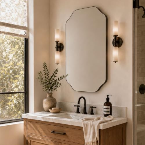 Image of TEHOME 24x36'' Scalloped Oil Rubbed Bronze Bathroom Vanity Mirror, Rectangle Metal Framed Bathroom Mirror