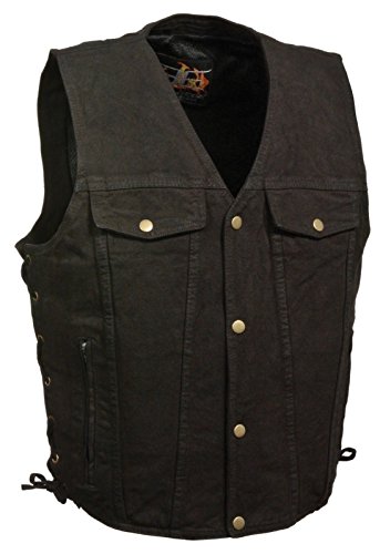 Men's Motorcycle Motorbike SNAP Front Black Denim Vest Side Laces Gun Pocket (L Regular)
