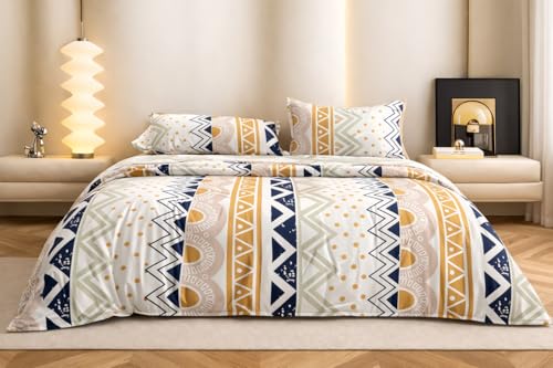 Image of Super King Size Bedsheet | Cotton Flat Sheet Skin Friendly with Two Pillow Covers| 300 TC | Super Soft Bed Sheet for Double Bed | Floral Design (272 x 272 cm, Boho Mustard Blue)