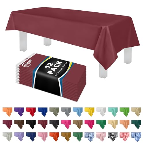 Image of Grandipity Plastic Table Cloth Disposable 12 Pack 54 inch x 108 inch Rectangle | Burgundy Plastic table covers, durable disposable tablecloths, fade and tear-resistent table cover for party, event