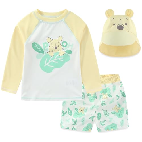 Image of Disney Winnie The Pooh Baby Boys UPF 50+ Rash Guard, Swim Trunks and Sun Hat with Ears 3 Piece Bathing Suit Set for Infants
