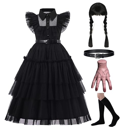 RUXINRUA Black Costume Dress, 3-13 Years Girls Outfits with Accessories Dress Up Set, Family Halloween Cosplay Party (5-6 years)