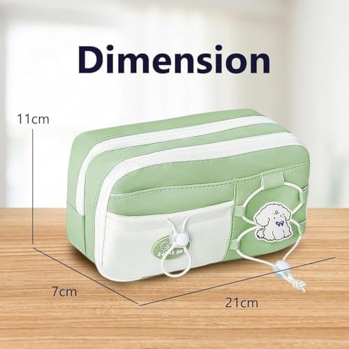 Image of Canvas School Bag Pencil Case, 3 Layer 6 Compartment Large Capacity, Aesthetic Pencil Pouch for Stationary, Cute Stationery for Kids, Pencil Case for Girls & Boys (Nice Day Green)