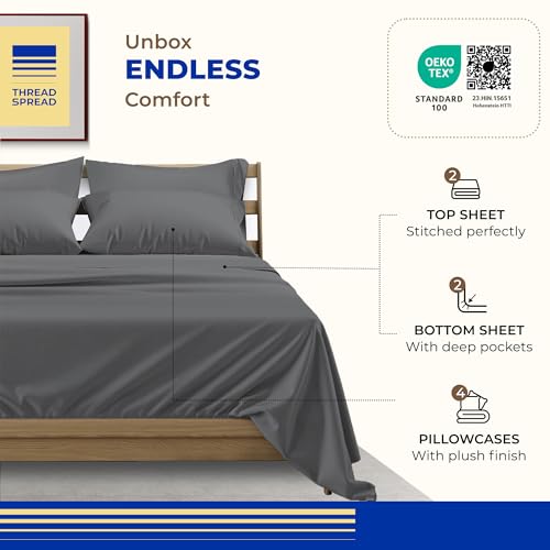 Image of THREAD SPREAD Egyptian Cotton Sheets Queen Size Pack of 2-1000 Series High Thread Count Cotton Queen Sheet Set (8 PC, Dark Grey) 16 inch Snug Fit Deep Pocket, Sateen Weave Ultra-Soft Hotel Luxury Sheets