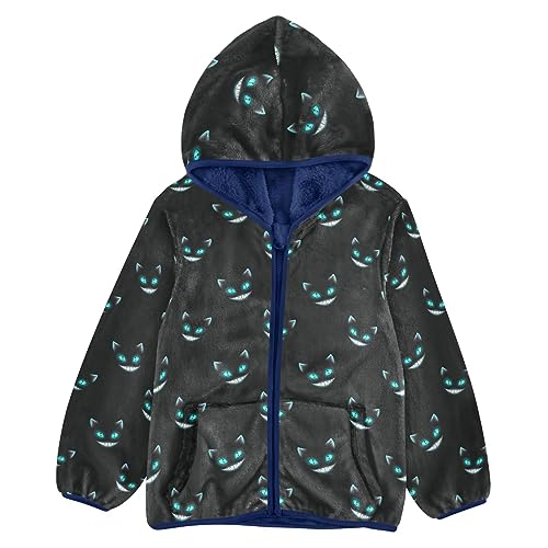 Black Cat Face Boys Fleece Hoody Jacket Zip Up Coat Warm Fall Winter Plush Jacket Long Sleeve Outerwear