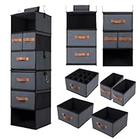 BinWhiz 112 x 32 x32 cm Hanging Shelf Organizer, 6-Tier Fabric Shelves Clothes Bins with Drawers and Hooks for Closet Wardrobe Organization and Storage, Grey