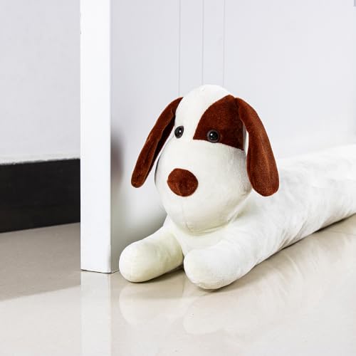 CERAYOU Dog Fabric Under Door Draft Stopper, 3LB Heavy Duty Decorative Soundproof Door Draft Blocker, 34 Inch Animal Energy Saving Draft Guard, White