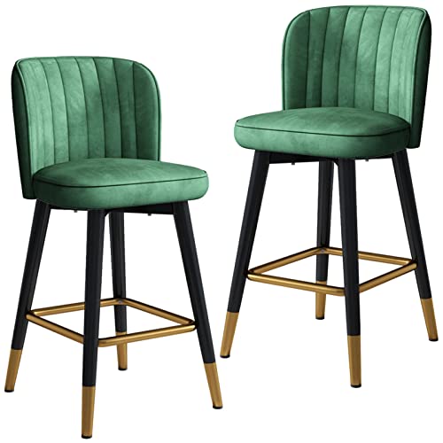 Juego de 2 taburetes de bar giratorios de terciopelo con patas negras y reposapiés cromado, muebles modernos de recepción, 65 cm de altura