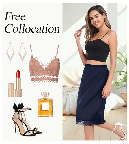 Image of Lovasy Women Satin Half Slips Lace Long Underskirt Anti Static Under Skirt Soft Slip Dress for Skirts Dresses S-3XL