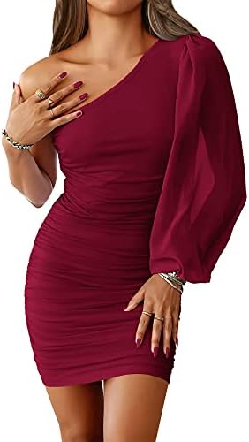 BTFBM Summer Dresses for Women 2026 One Shoulder Long Sleeve Ruched Bodycon Cocktail Party Wedding Guest Dress Spring Outfits