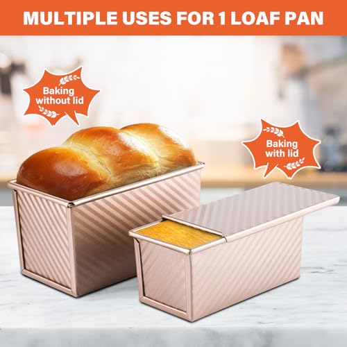 Image of 2 Pack Pullman Loaf Pan with Lid, 1 lb /0.5 lb Dough Capacity for Homemade Bread, Non-stick Corrugated Carbon Steel Bread Toast Box with Cover for Bakeware, Sandwich & Toast Oven Baking, Gold