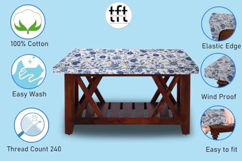 Image of The Furnishing Tree Elastic Cotton Square Center Table Cover 40x40 in Inches Floral Blue on White Base