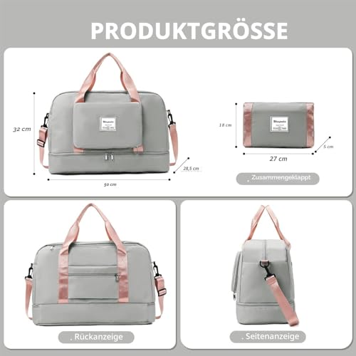 Airlines Untersitz-Kabinentasche, 50 x 32 x 28,5 cm, faltbar, Reisetasche, Handgepäck, Übernachtung, für Damen und Herren (mit Schultergurt), grau, Freizeit, Reisen