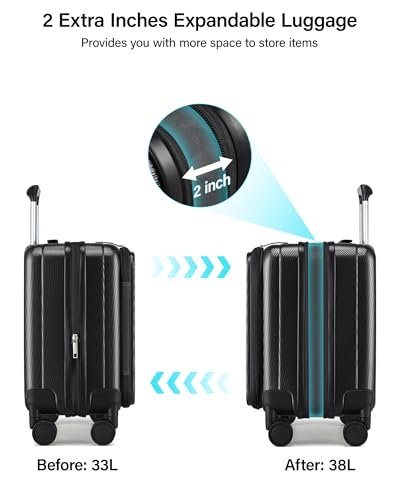 Image of Hanke 45cm Expandable Mini Cabin Trolley Bags, Hard Shell Polycarbonate Top Opening Suitcase, 8 Silent Spinner Wheels, Lightweight Carry On Luggage for Daily Commute & Short Travel,Jet Black