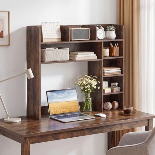 Image of Tangkula Desktop Bookshelf with LED Lights, Desk Hutch with 8 Shelves for Max 25 inch Monitor, Desktop 5-Tier Display Rack, Multipurpose Wood Desktop Storage Hutch Organizer for Dorm Office Home