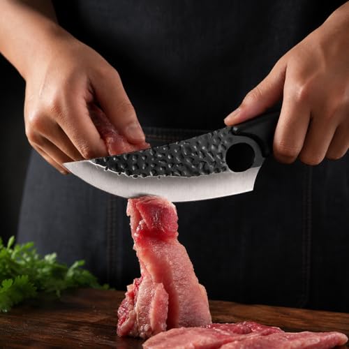 Image of Machado Forged Kitchen Utility Knife with Textured Grip Damascus Blade | Ergonomic Handle & Protective Sheath - Precision Cutting for Meat, Vegetables & Everyday Cooking - Black