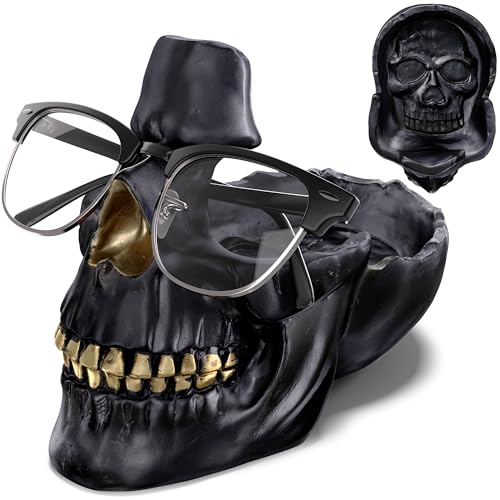Image of READAEER Skull Eyeglass Holder Creative Eyewear Holder Sunglasses Glasses Display Holder Keychain Resin Sculpture for Entrance Home Office Desk Bedside Table (Black)