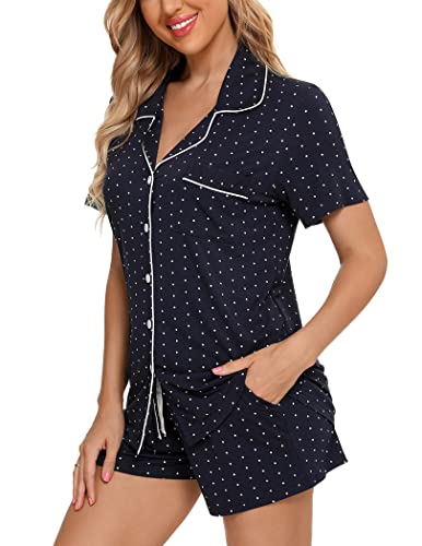 Image of Pjmlifecoco Women's Modal Pajama Set Short Sleeve Button Down Two Piece Soft Sleepwear with Shorts Loungewear S-XXL