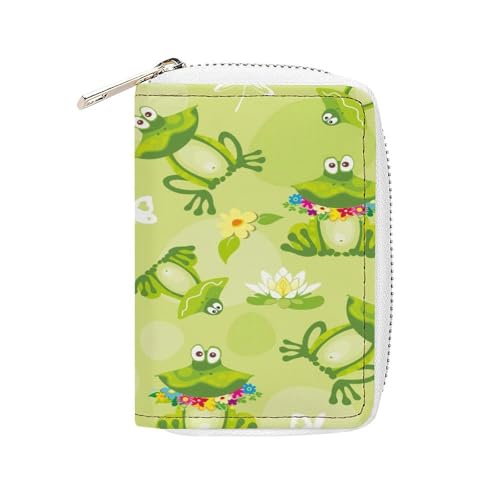 Women Leather Coin wallet, Key Change Organizer Zipper Card Holder Purse Clutch Pouch Pocket 4.5x3.15 in Print Green Frogs flowers Toads White Lotus Flowers