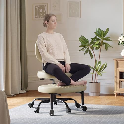 Image of Cross Legged Office Chair, 360 Swivel ADHD Chairs for Adults, Height Adjustable Ergonomic Cross Legged Office Chair with Wheels, Wide Cross Legged Chair for Meditation, Yoga (Beige)