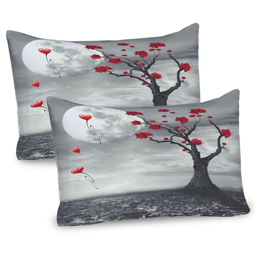 Ambesonne Tree Pillow Sham Set of 2, Lonely Nature Theme Vibrant Flowers Romantic Full Moon Night Love Scene, Quality Microfiber Bedding Item for All Seasons, 26