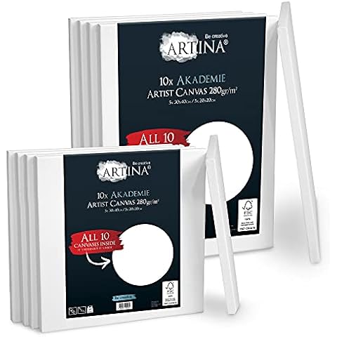 Artina FSC Canvas Set 10pcs Akademie 5X 20x20 & 5x30x40 cm - 100% Cotton Canvas Stretcher Frame 280 g/m² - Blank Canvases for Art for Acrylic, Watercolour & Oil Painting Cover