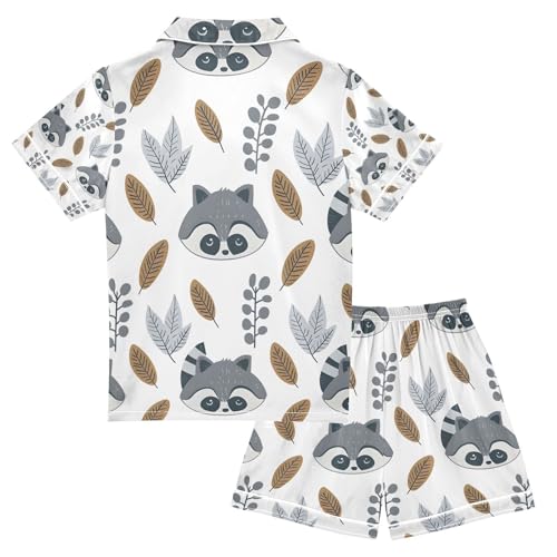 senya Raccoon Small Leaves Satin Summer Pajama Sets Silk Short Sleeve Button Down Sleepwear2
