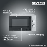 Severin Solo-Mikrowelle mit Glasboden, Flatbed (flacher Hohlraum für große Speisen), ohne Drehteller, gleichmäßige Erwärmung, 6 Stufen, 2 Drehregler, 20L, 800W, matt,schwarz,Edelstahl, MW 9184 – Ansicht 8