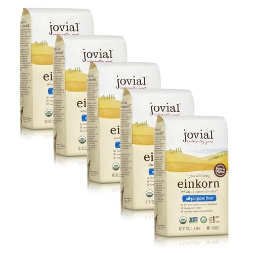 Jovial Organic Einkorn Unbleached All Purpose Flour - Bread Baking Flour for Sourdough, High Protein, Non-GMO, Organic Pizza & Pasta, European Italian, Glyphosate Free - 32 Oz, 5 Pack
