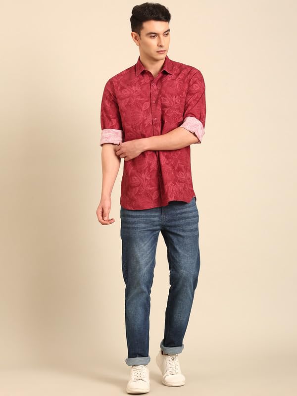Image of Cavallo by Linen Club Men's Blended Linen Red Printed Contemporary Fit Full Sleeve Casual Shirt