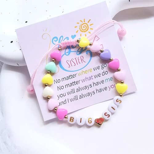 Image of Big Sister Gifts For Little, Pastel Rainbow Heart Rainbow Ball Big Little Sister Bracelet Announcement, Birthday Jewelry