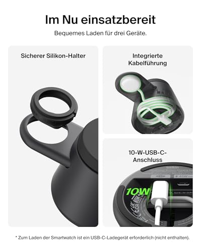 Belkin UltraCharge 3-in-1 Induktive Ladestation mit Qi2, 25W – Schwarz – Ansicht 3