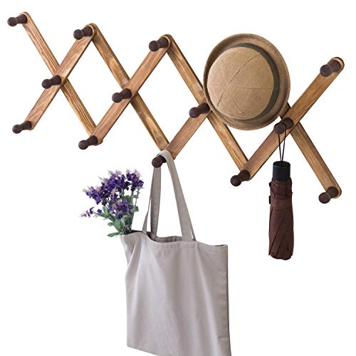 MyGift 14 Hook Burnt Wood Wall Mounted Expandable Accordion Peg Coat Rack Hanger