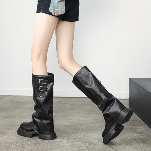 Women's Goth Platform Riding Boots Pull On Buckle Boots Fold Over Tall Knee High Boots Chunky Block Heel Round Toe Shoes3