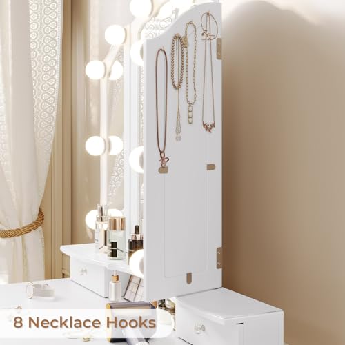 Tiptiper White Makeup Vanity with Lights & Charging Station, Vanity Desk with Mirror and 3 Colors of Lighting Effects, Vanity Table with Tri-Fold Mirror & Necklace Hooks, Makeup Table with Stool - Thumbnail 4