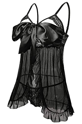 Aranmei Women's Sexy Self Tie Cup Bow Lace Babydoll Open Front Mesh Sleepwear Lingerie With Thong Black Small #TOP1