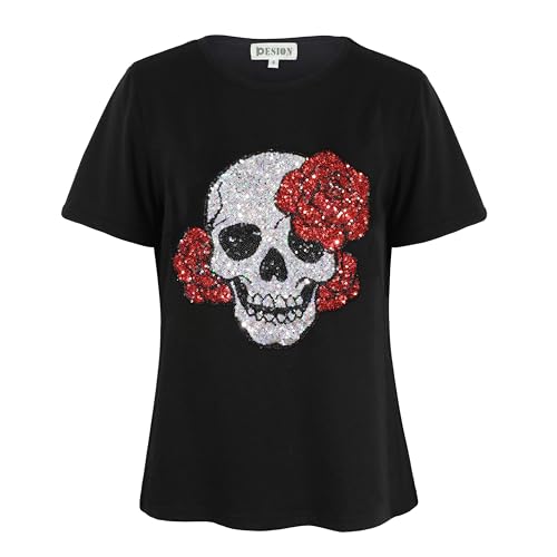 Image of PESION Womens Short Sleeve T-Shirt Sequined Tops O-Neck Funny Graphic Tees Blouse