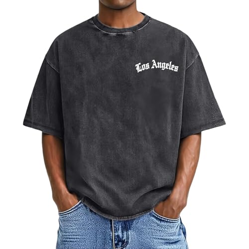 Tee Shirt Décontracté Respirant Homme Coton Lavé Rose Effet Vintage à Col Rond