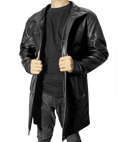 Image of Leather Car Coat For Men 3 /4 Length Mens Leather Jackets - Real Lambskin Long Coat For Men
