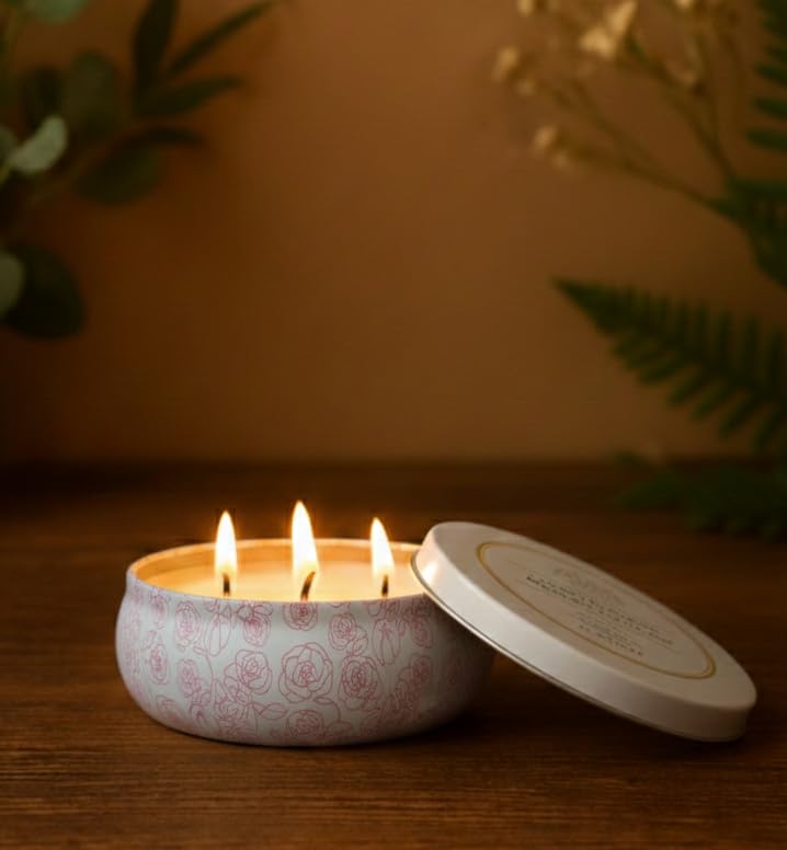 Image of Peony & Rose Scented Multi-Wick Tin Candle | Reusable Printed Tin Container - 5 x 2 inch | 16 Hour Burn Time | Lead-Free Wicks | Home Decor & Gifting