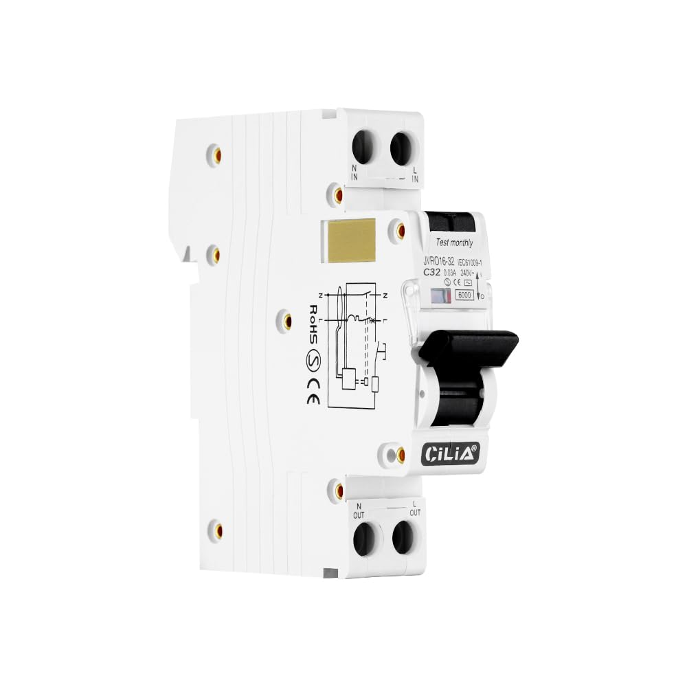 CILIA Interrupteur magnétothermique différentiel, RCBO, 1 module, In=C32, raccord DIN (universel pour n'importe quelle unité dans le commerce),1P+N, 230 Vac, Type AC, Courbe d'intervention C