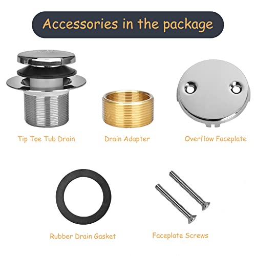 Chrome Bathtub Drain Tip Toe Tub Drain Replacement Trim Kit With 2-Hole Overflow Faceplate Cover Bath Tub Drain Conversion Assembly With Universal Fine/Coarse Thread And Tub Drain Stopper #TOP3