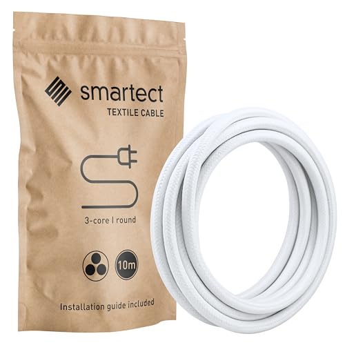 smartect Cavo Elettrico Tessile Bianco, 10 Metri Filo Elettrico Vintage, Tripolare (3 x 0.75mm²) Cavo Elettrico Rivestito in Tessuto per Fai da Te