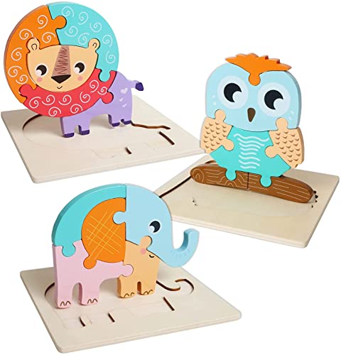 Puzzle in legno 3D per bambini, 3 pezzi puzzle in legno Montessori, giocattolo educativo per bambini, regalo educativo per bambini, Natale e compleanno (leone + gufo + elefante)