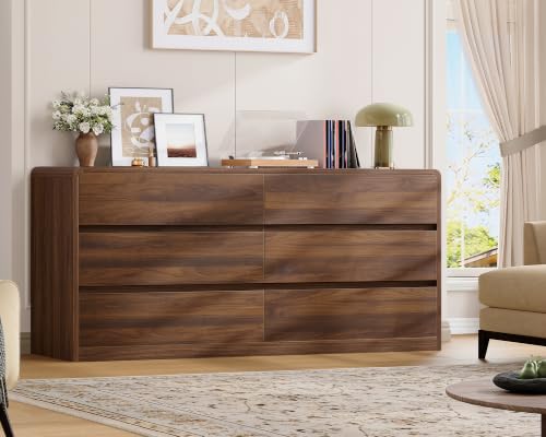 Image of TEENFON 55 inch Dresser for Bedroom with 6 Drawers, Dressers & Chests of Drawers with Curved Profile Design, 6 Drawer Dresser, Bedroom Dressers, Wood Dressers for Bedroom, Hallway, Walnut