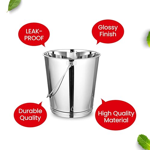 Image of Mintage Stainless Steel Bucket for Bathroom 15.6 litres Capacity | Water Storage Bucket for Kitchen | Balti for Serving | Leak Proof Multipurpose Use | Balti for Home Steel Buckets with Handle