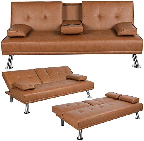 Yaheetech Convertible Sofa Bed Adjustable Couch Sleeper Modern Faux Leather Home Recliner Reversible Loveseat Folding Daybed Guest Bed, Removable Armrests?Cup Holders, 3 Angles, 772lb Capacity, Brown