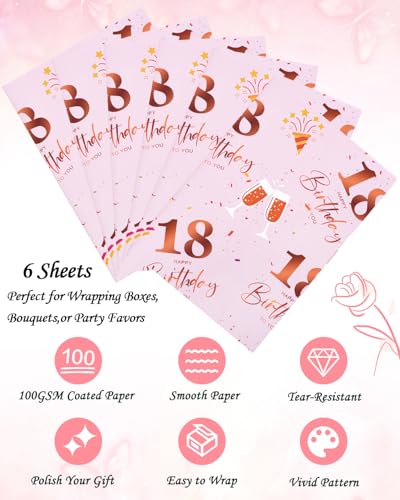 Vinuwu 6 Sheets 18th Birthday Wrapping Paper, 70x50cm Rose Gold Pink Happy Birthday Gift Wrap Paper for Girls Ladies,Decorations - Plastic Free & Recyclable - 18th - Image 3